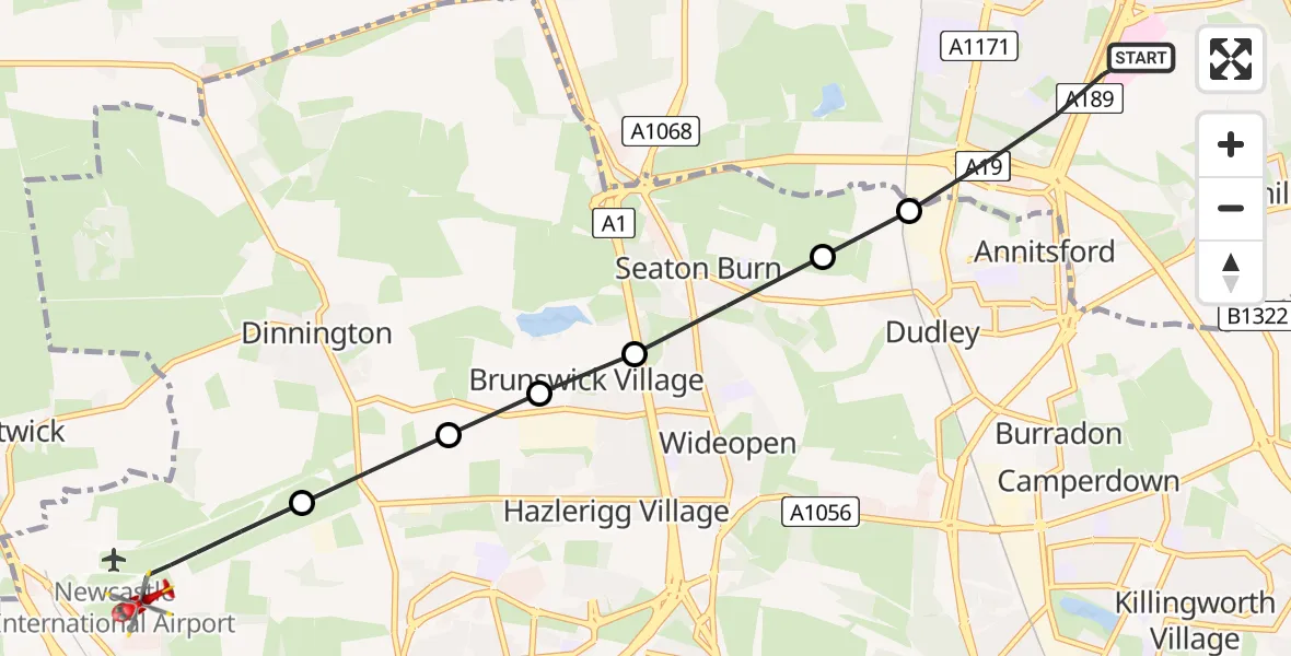 Flight route Air Ambulance Helicopter Cramlington - Newcastle International Airport, 01 August 2026, 12:00