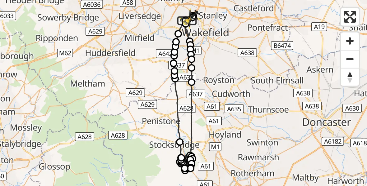 Flight route Police Helicopter East Ardsley - East Ardsley, 01 August 2026, 12:12