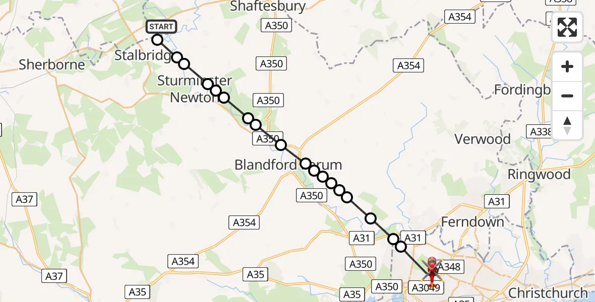 Flight route Air Ambulance Helicopter Henstridge Airfield - Poole, 01 August 2026, 12:12