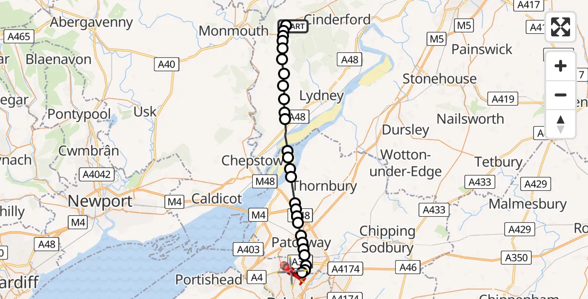 Flight route Air Ambulance Helicopter Mile End - Bristol, 01 August 2026, 12:19