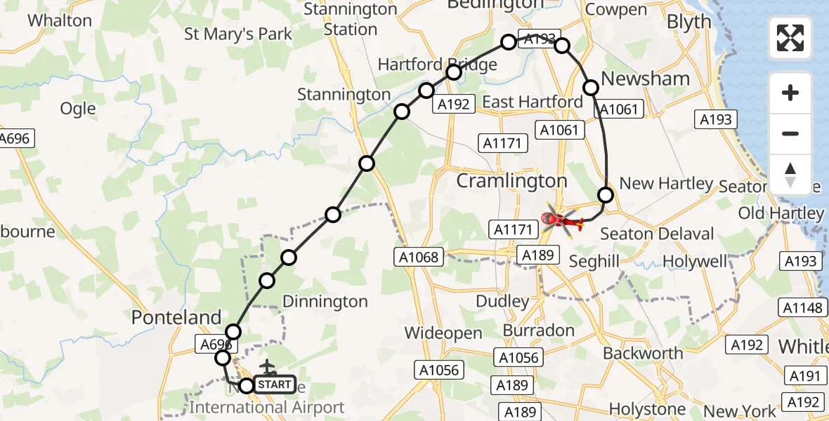 Flight route Air Ambulance Helicopter Newcastle International Airport - Cramlington, 01 August 2026, 12:21