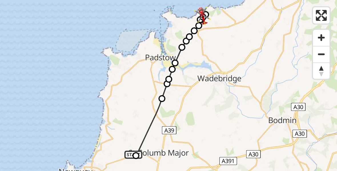 Flight route Air Ambulance Helicopter Cornwall Airport Newquay - St. Endellion, 01 August 2026, 12:23