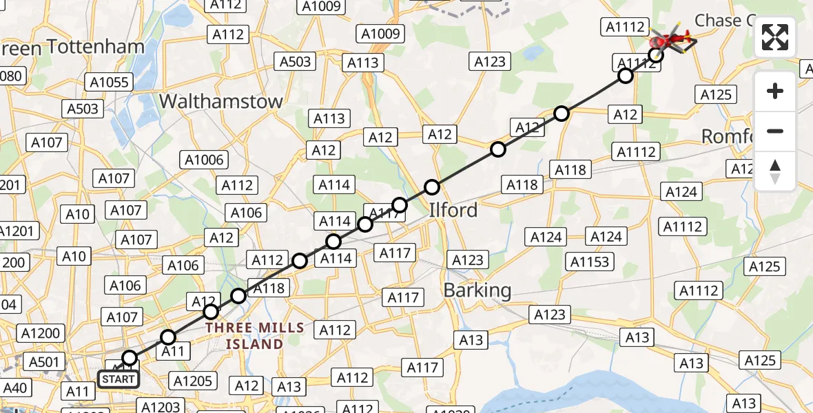 Flight route Air Ambulance Helicopter Royal London Hospital - Collier Row, 01 August 2026, 12:23