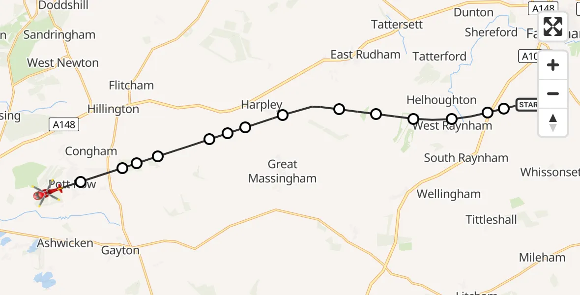Flight route Air Ambulance Helicopter Dunton - Pott Row, 01 August 2026, 12:28