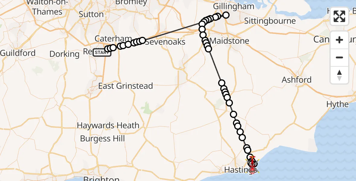 Flight route Air Ambulance Helicopter Nutfield - Fairlight, 01 August 2026, 12:31