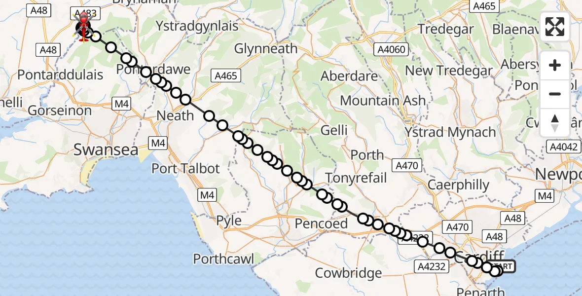 Flight route Air Ambulance Helicopter Cardiff Heliport - Ammanford, 01 August 2026, 12:44