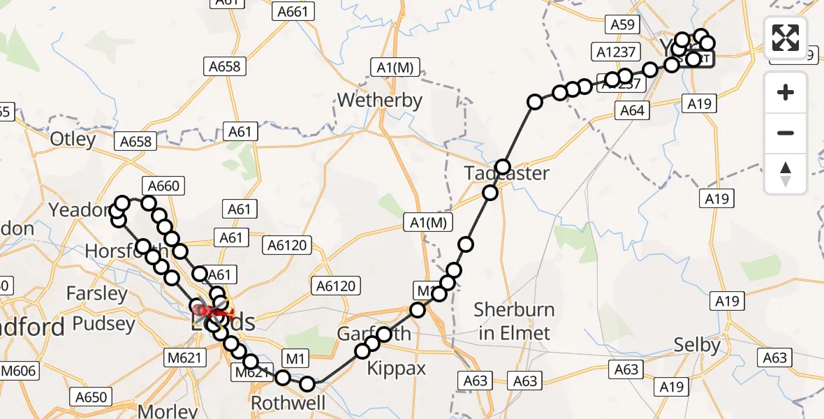 Flight route Air Ambulance Helicopter Fishergate - Woodhouse, 01 August 2026, 12:45