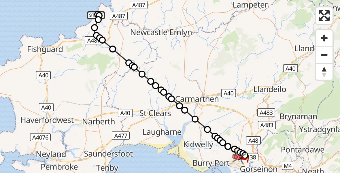 Flight route Air Ambulance Helicopter St Dogmaels - Dafen, 01 August 2026, 12:47