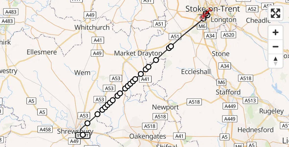 Flight route Air Ambulance Helicopter Shrewsbury - University Hospital North Staffs, 01 August 2026, 12:54