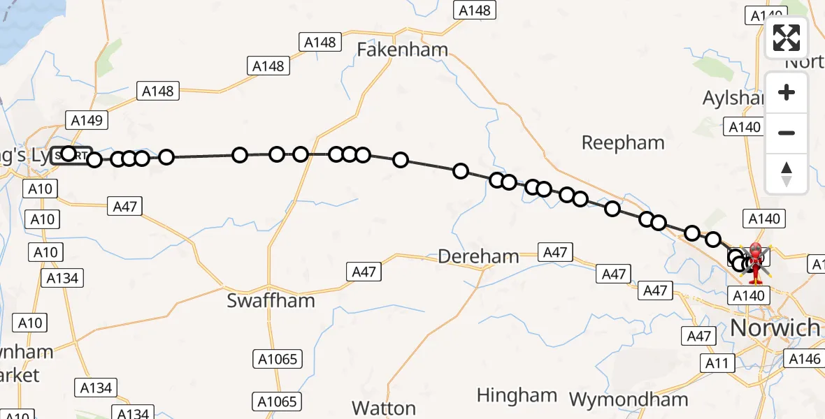 Flight route Air Ambulance Helicopter Queen Elizabeth Hospital - Norwich Airport, 01 August 2026, 12:56
