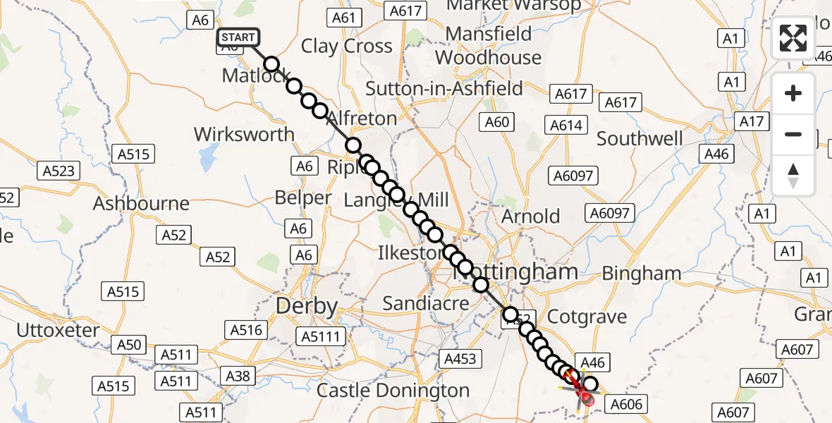 Flight route Air Ambulance Helicopter Darley Dale - Widmerpool, 01 August 2026, 12:57