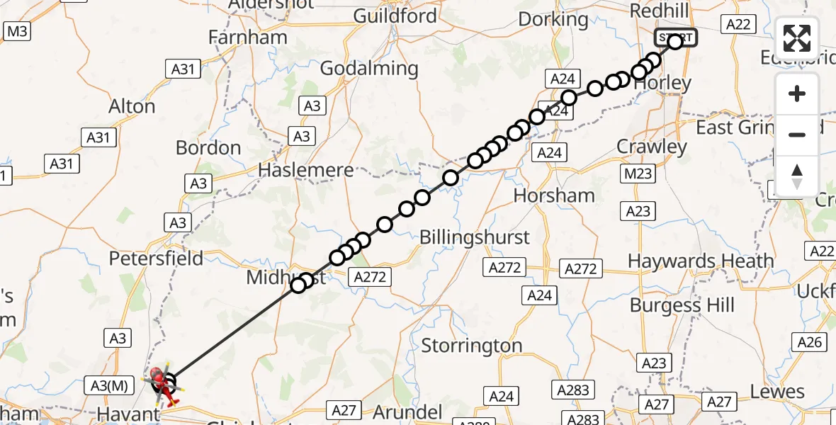 Flight route Air Ambulance Helicopter Redhill Aerodrome - Westbourne, 01 August 2026, 13:09