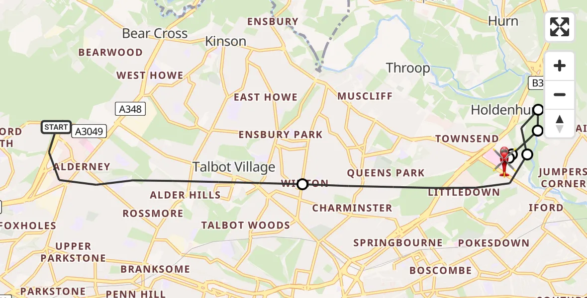 Flight route Air Ambulance Helicopter Poole - Royal Bournemouth Hospital, 01 August 2026, 13:10