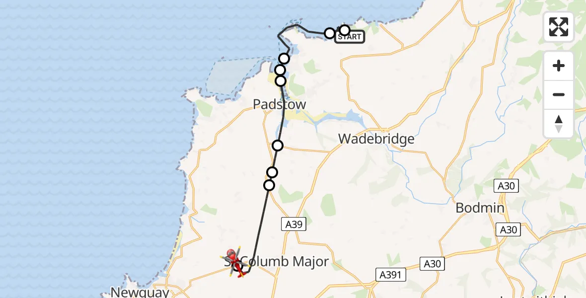 Flight route Air Ambulance Helicopter Port Isaac - Cornwall Airport Newquay, 01 August 2026, 13:14