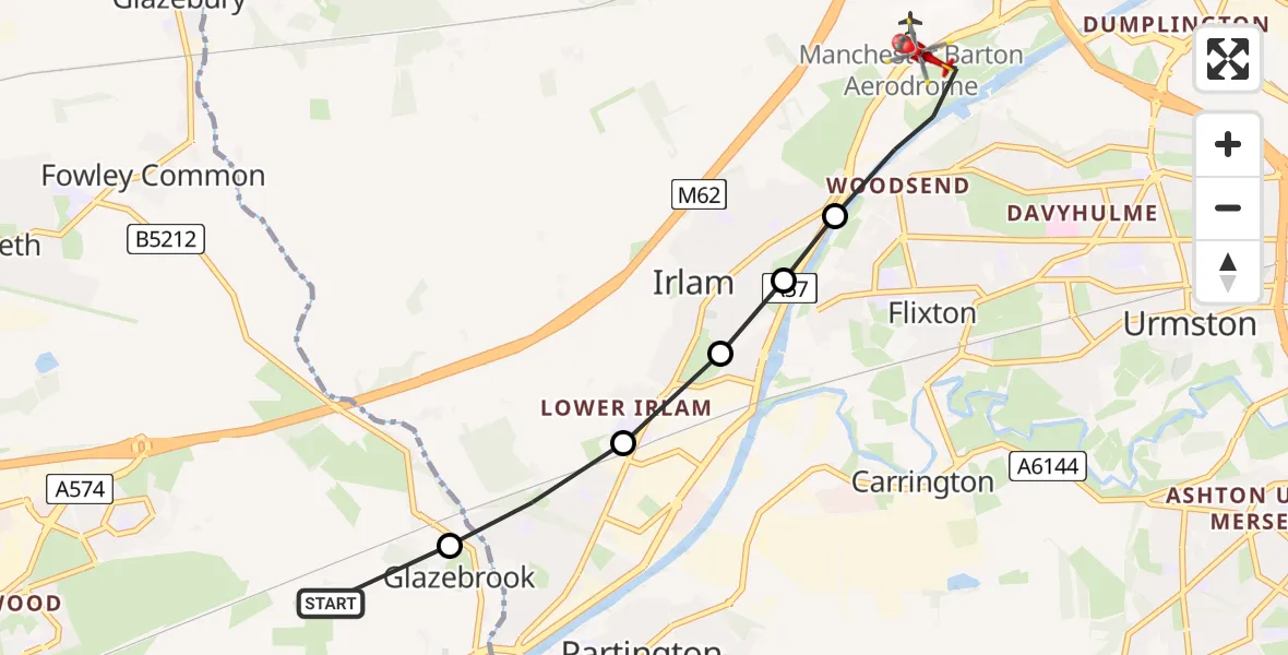 Flight route Air Ambulance Helicopter Hollins Green - Irlam, 01 August 2026, 13:28