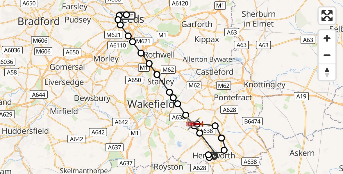 Flight route Air Ambulance Helicopter Woodhouse - YAA Nostell Helicopter Port, 01 August 2026, 13:28