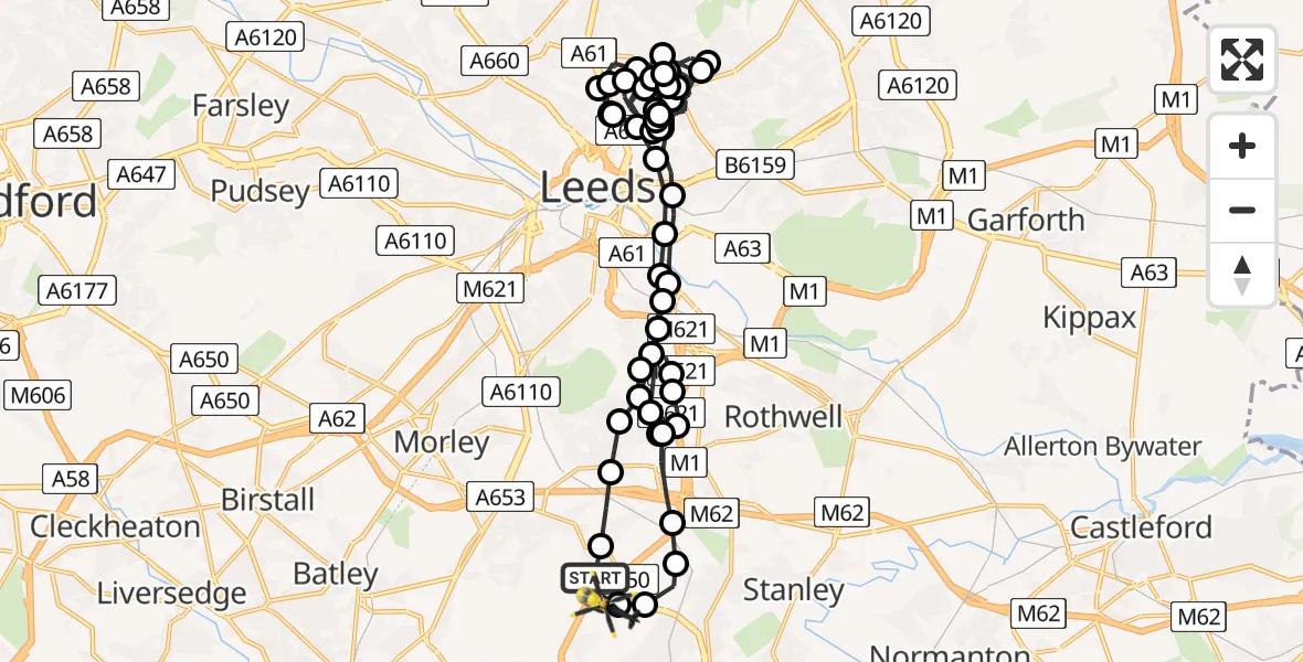 Flight route Police Helicopter East Ardsley - East Ardsley, 01 August 2026, 13:28