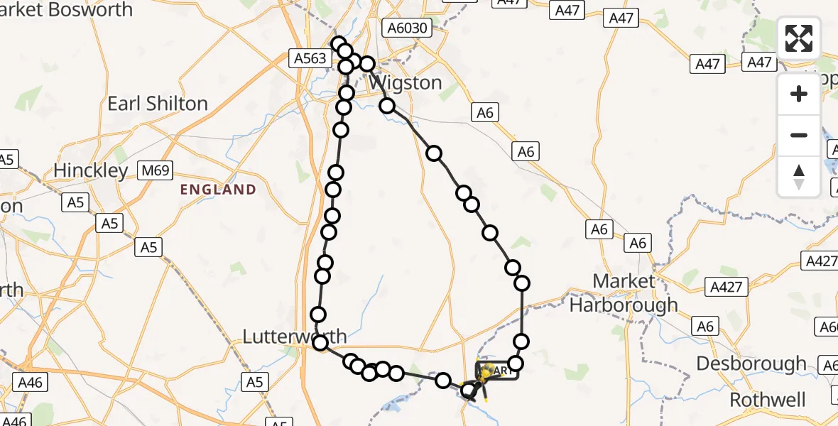 Flight route Police Helicopter Husbands Bosworth Airfield - Harborough, 01 August 2026, 13:31