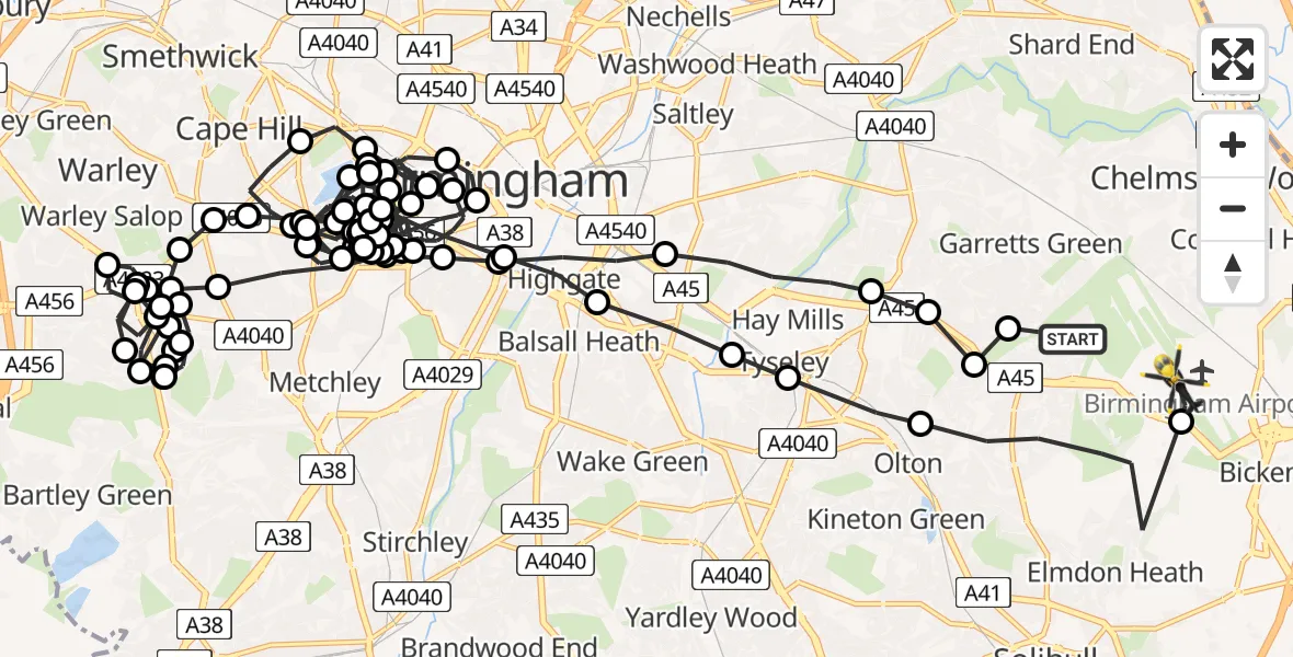 Flight route Police Helicopter Garretts Green - Birmingham Airport, 01 August 2026, 13:32