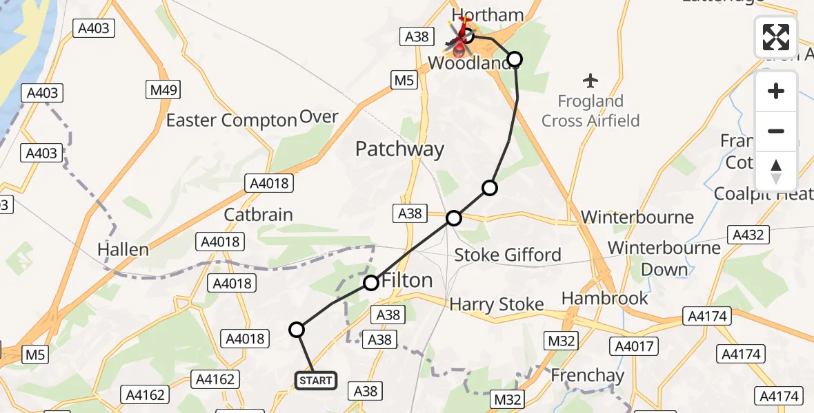 Flight route Air Ambulance Helicopter Southmead Hospital - Almondsbury Helicopter Base, 01 August 2026, 13:36