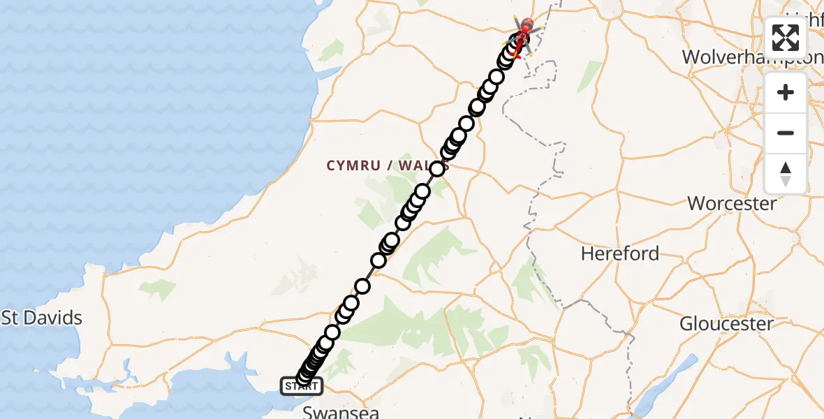 Flight route Air Ambulance Helicopter Dafen - Welshpool Airport, 01 August 2026, 13:37