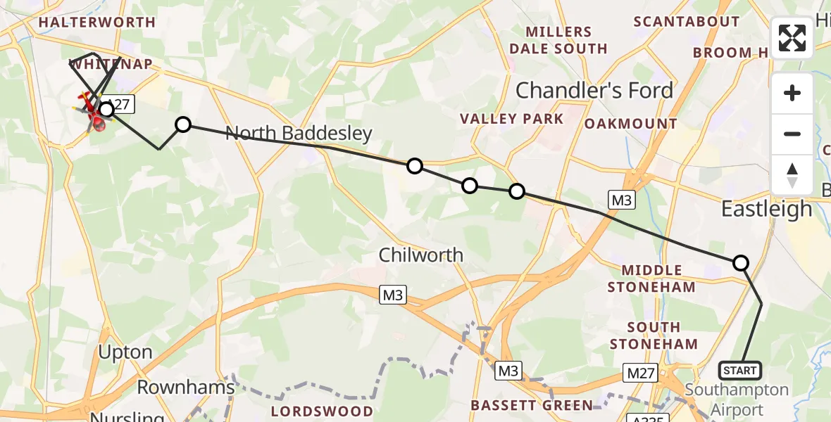 Flight route Air Ambulance Helicopter Southampton Airport - Romsey, 01 August 2026, 13:47