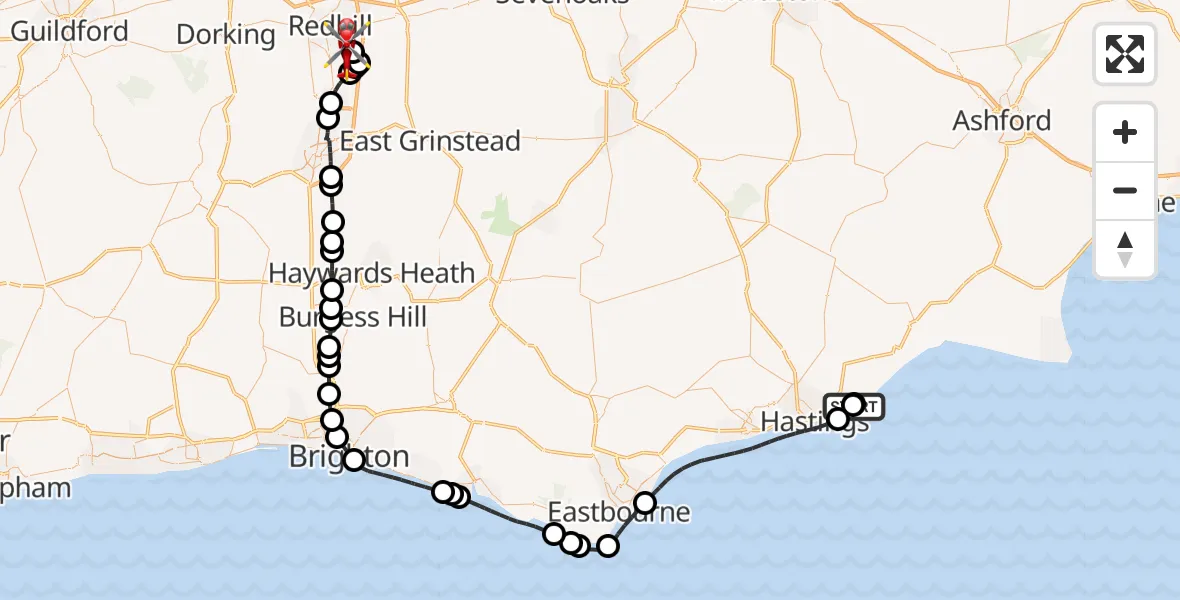 Flight route Air Ambulance Helicopter Hastings - Redhill Aerodrome, 01 August 2026, 13:49