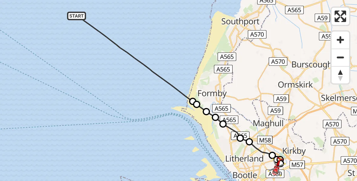 Flight route Air Ambulance Helicopter Irish Sea - Aintree University Hospital Heliport, 01 August 2026, 14:05