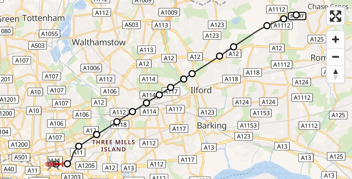 Flight route Air Ambulance Helicopter Collier Row - Royal London Hospital, 01 August 2026, 14:07