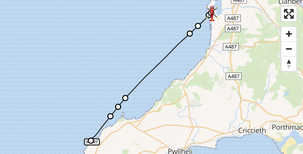 Flight route Air Ambulance Helicopter Porth Ychain - Caernarfon Airport, 01 August 2026, 14:10