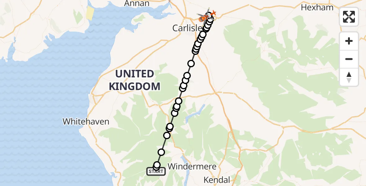 Flight route Coastguard Helicopter Torver - Carlisle Lake District Airport, 01 August 2026, 14:13