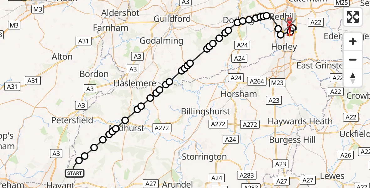Flight route Air Ambulance Helicopter Chichester - Redhill Aerodrome, 01 August 2026, 14:14