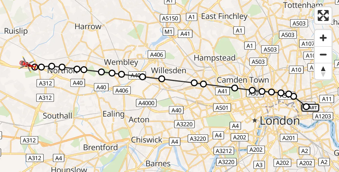Flight route Air Ambulance Helicopter Royal London Hospital - RAF Northolt, 01 August 2026, 14:16