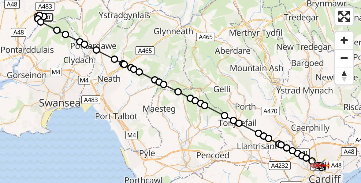 Flight route Air Ambulance Helicopter Pantyffynnon - Gabalfa, 01 August 2026, 14:17