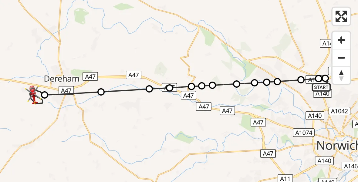 Flight route Air Ambulance Helicopter Norwich Airport - Breckland, 01 August 2026, 14:20