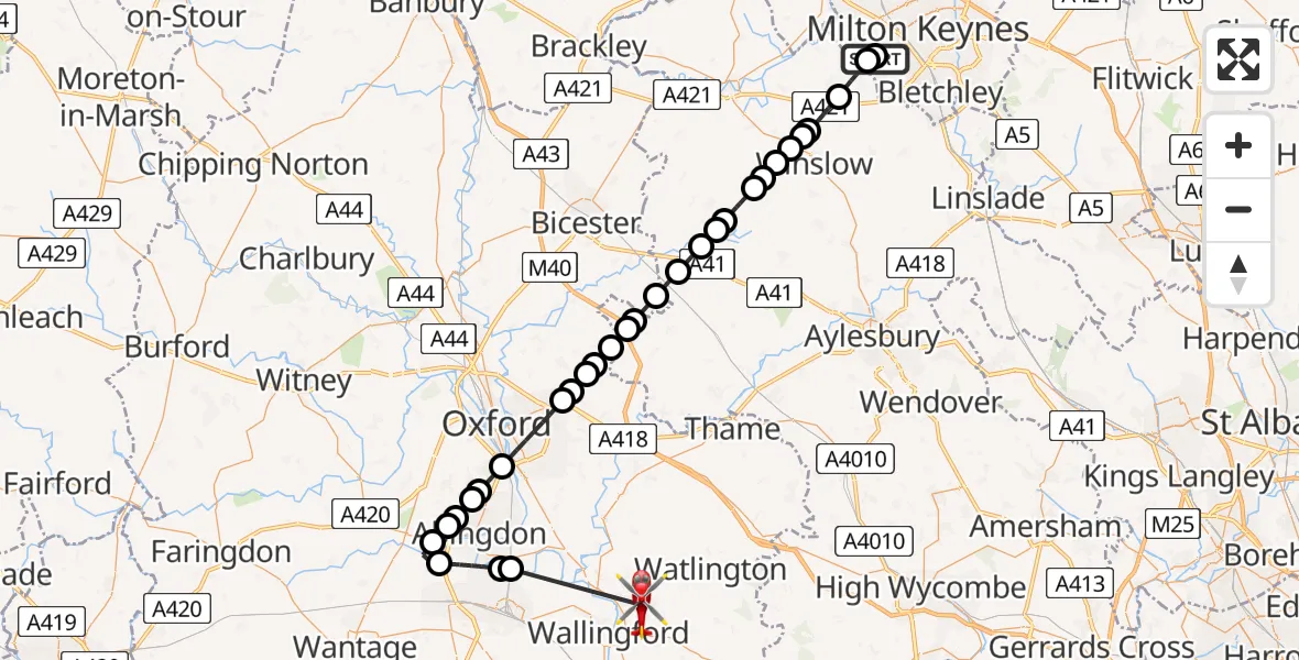 Flight route Air Ambulance Helicopter Grange Farm - RAF Benson, 01 August 2026, 14:23
