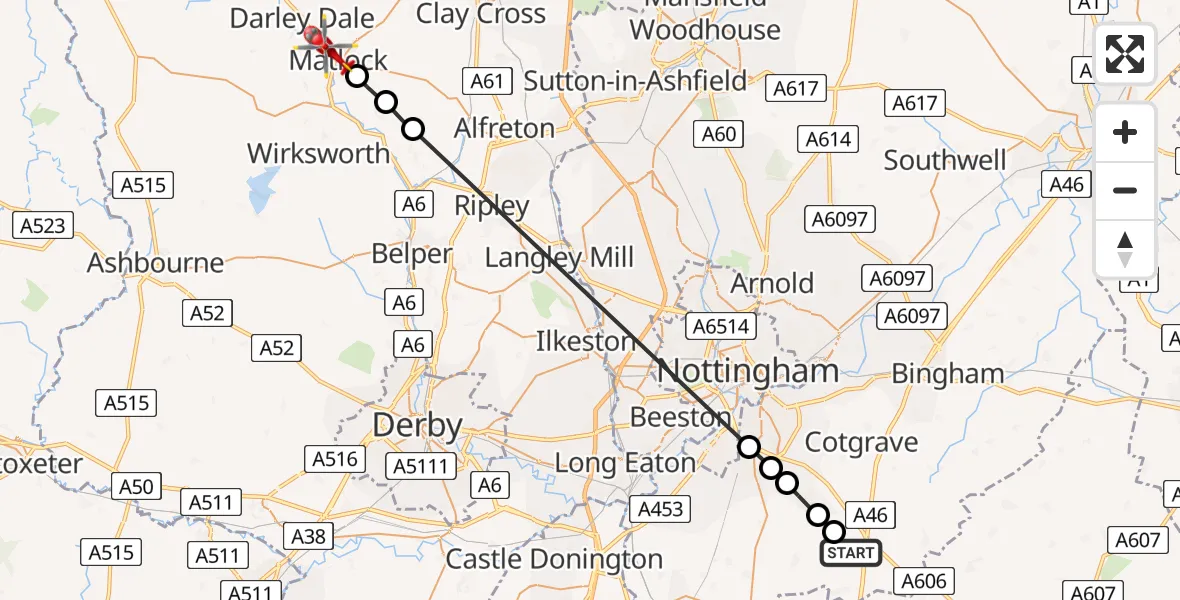 Flight route Air Ambulance Helicopter Widmerpool - Matlock, 01 August 2026, 14:42