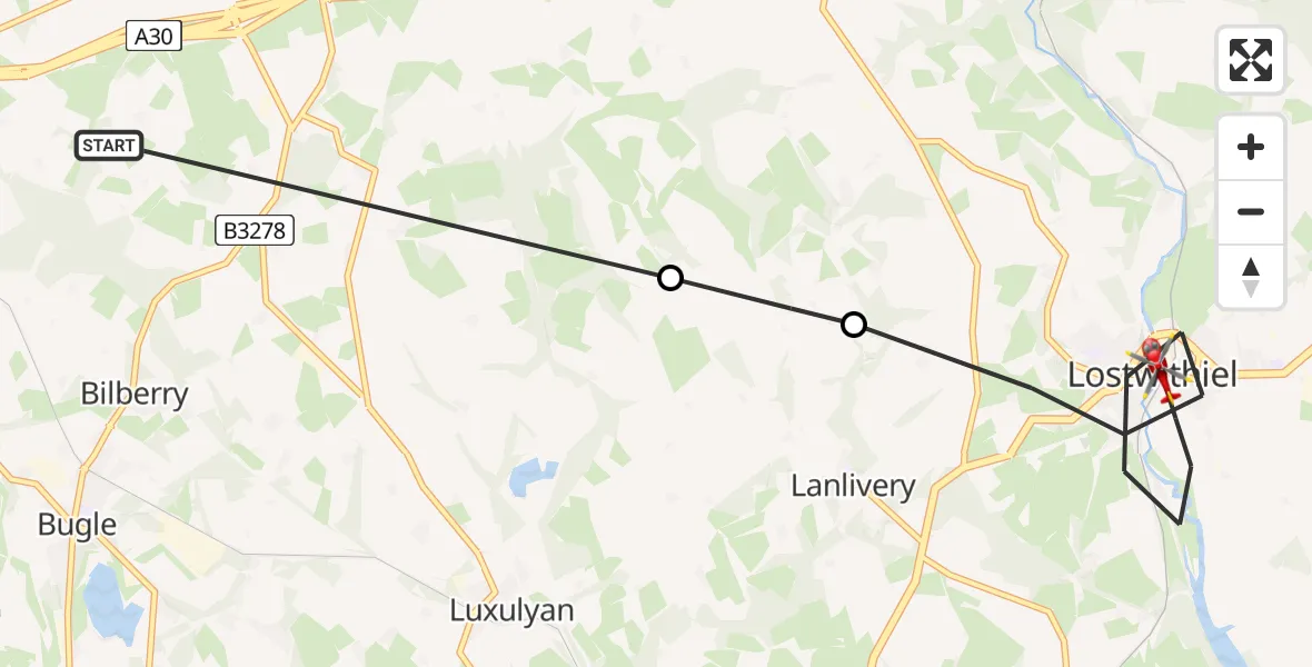 Flight route Air Ambulance Helicopter Luxulyan - Lostwithiel, 01 August 2026, 14:51