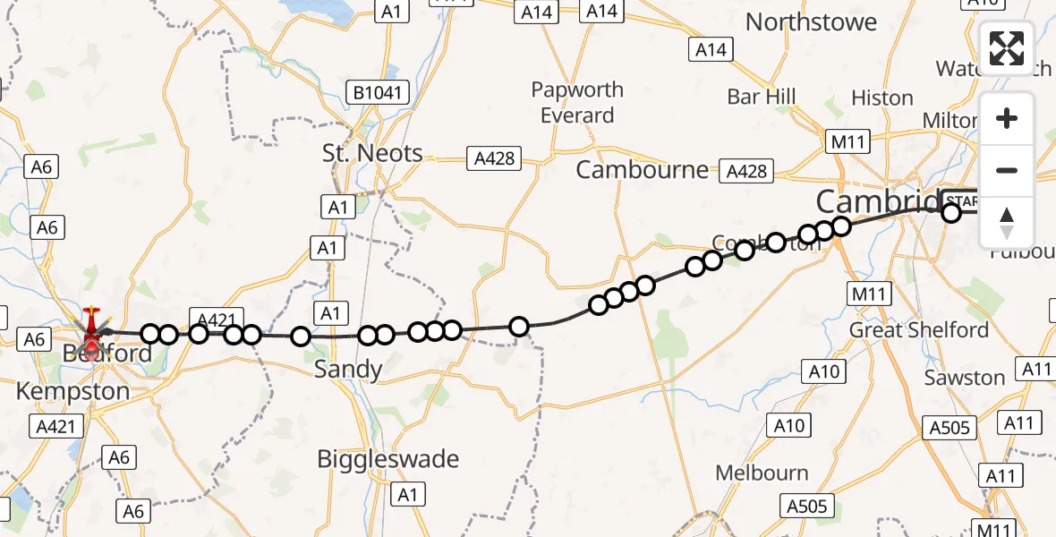 Flight route Air Ambulance Helicopter Cambridge City Airport - Bedford, 01 August 2026, 14:53
