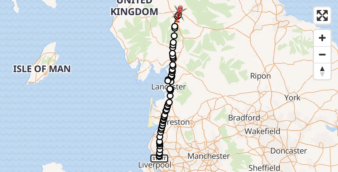 Flight route Air Ambulance Helicopter Aintree University Hospital Heliport - Brougham, 01 August 2026, 14:56