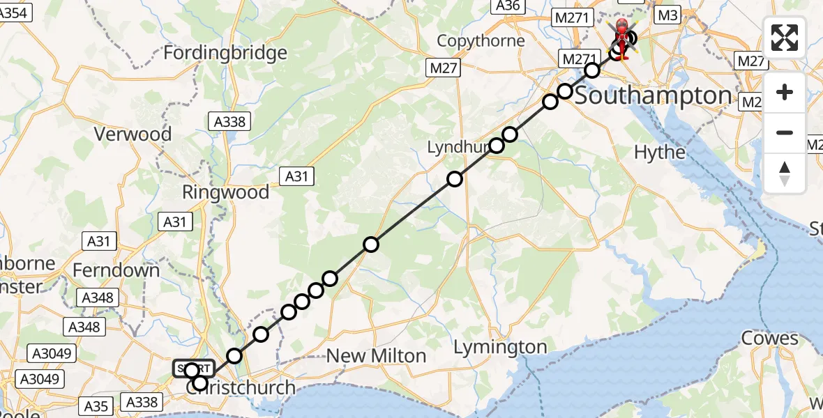 Flight route Air Ambulance Helicopter Royal Bournemouth Hospital - University Hospital Southampton, 01 August 2026, 14:56