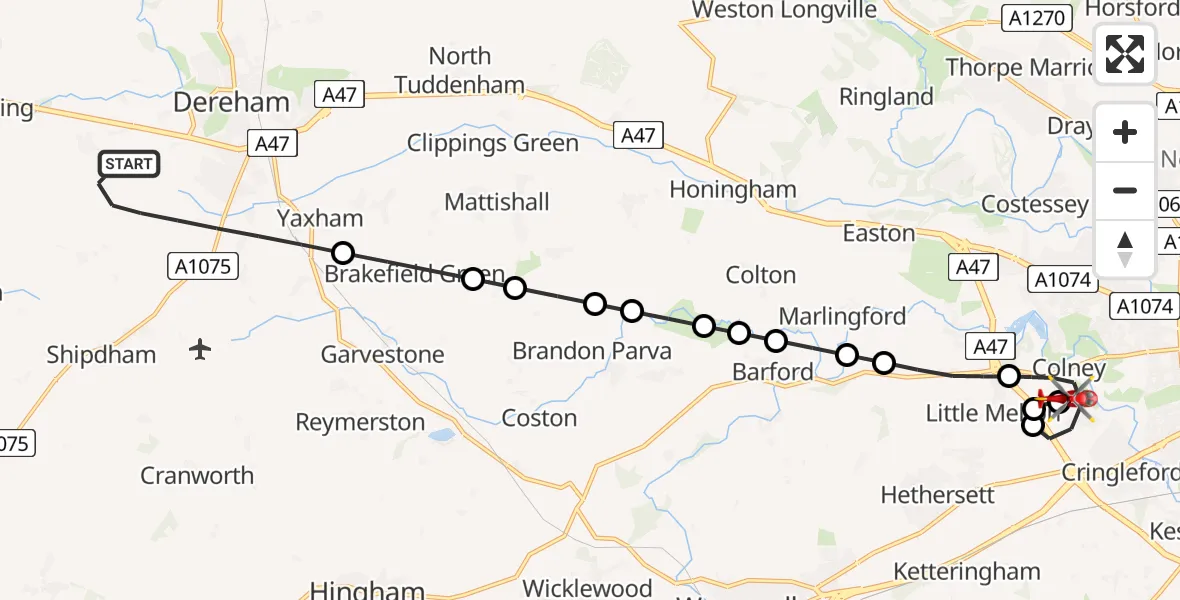 Flight route Air Ambulance Helicopter Breckland - Norfolk & Norwich Hospital, 01 August 2026, 14:57