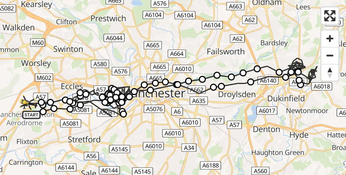 Flight route Police Helicopter Urmston - Manchester Barton Aerodrome, 01 August 2026, 15:05