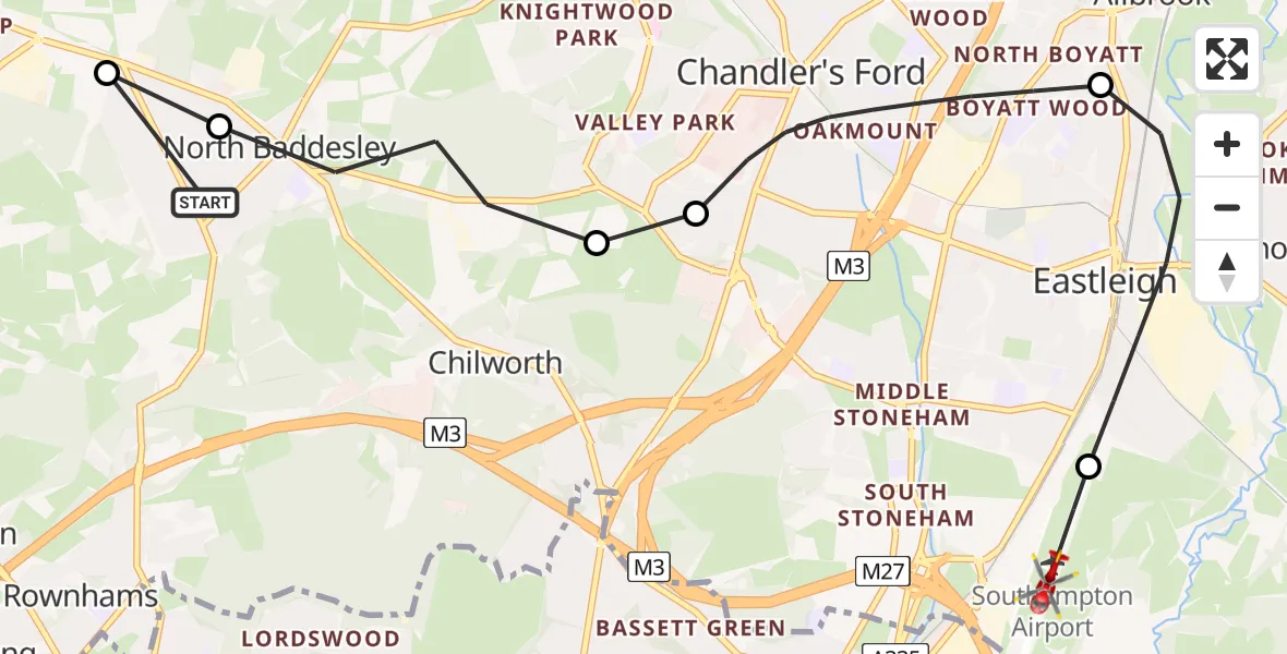 Flight route Air Ambulance Helicopter North Baddesley - Southampton Airport, 01 August 2026, 15:11