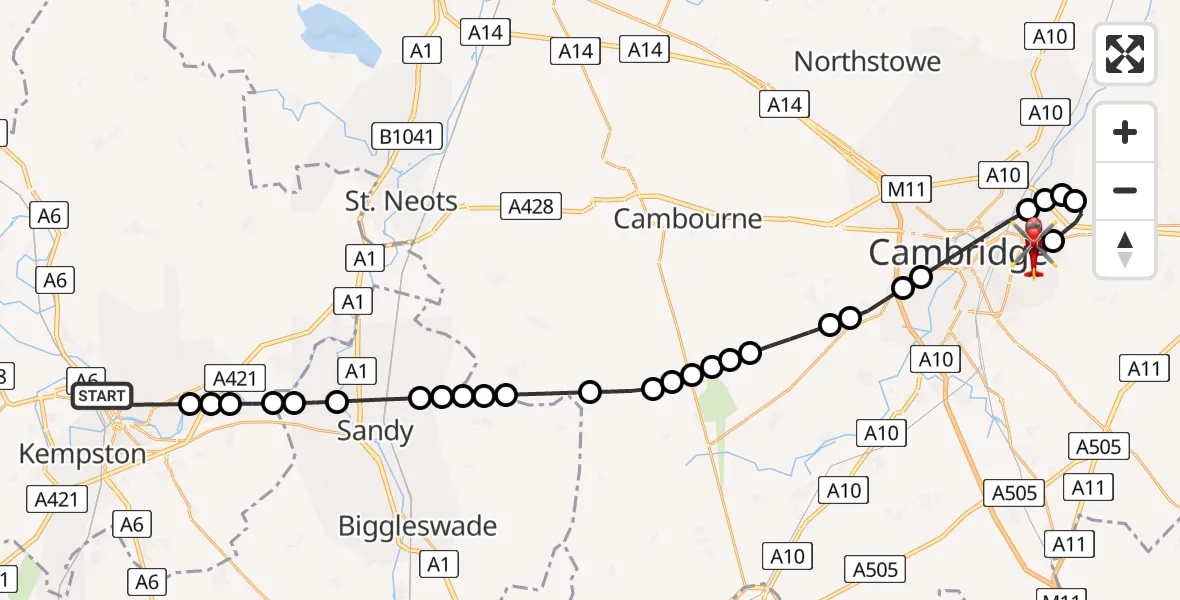 Flight route Air Ambulance Helicopter Bedford - Cambridge City Airport, 01 August 2026, 15:16