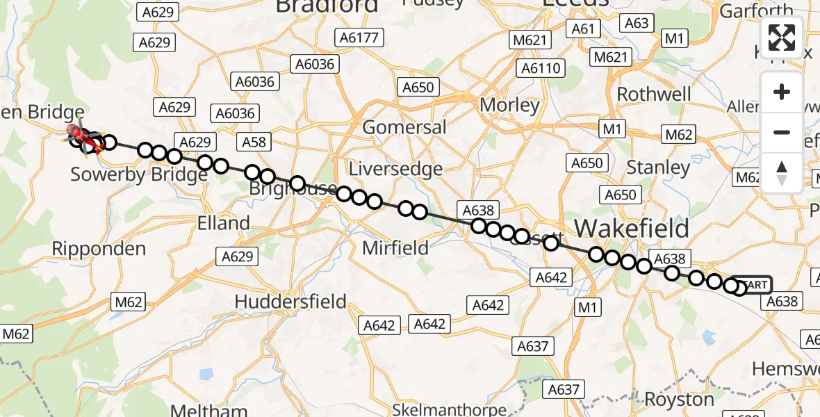 Flight route Air Ambulance Helicopter YAA Nostell Helicopter Port - Luddendenfoot, 01 August 2026, 15:25
