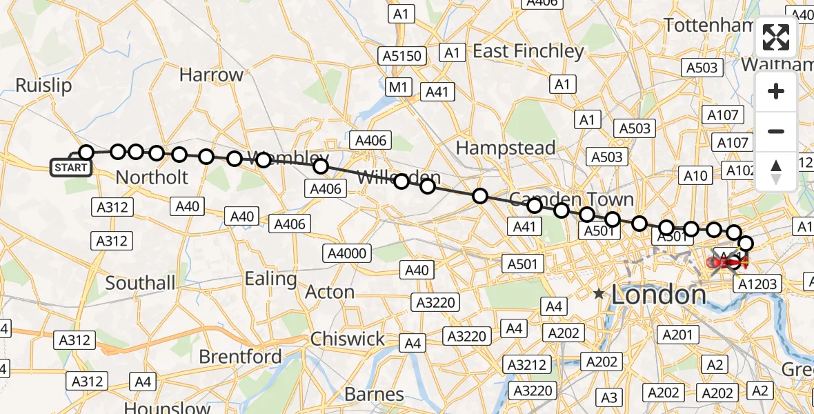 Flight route Air Ambulance Helicopter RAF Northolt - Royal London Hospital, 01 August 2026, 15:26