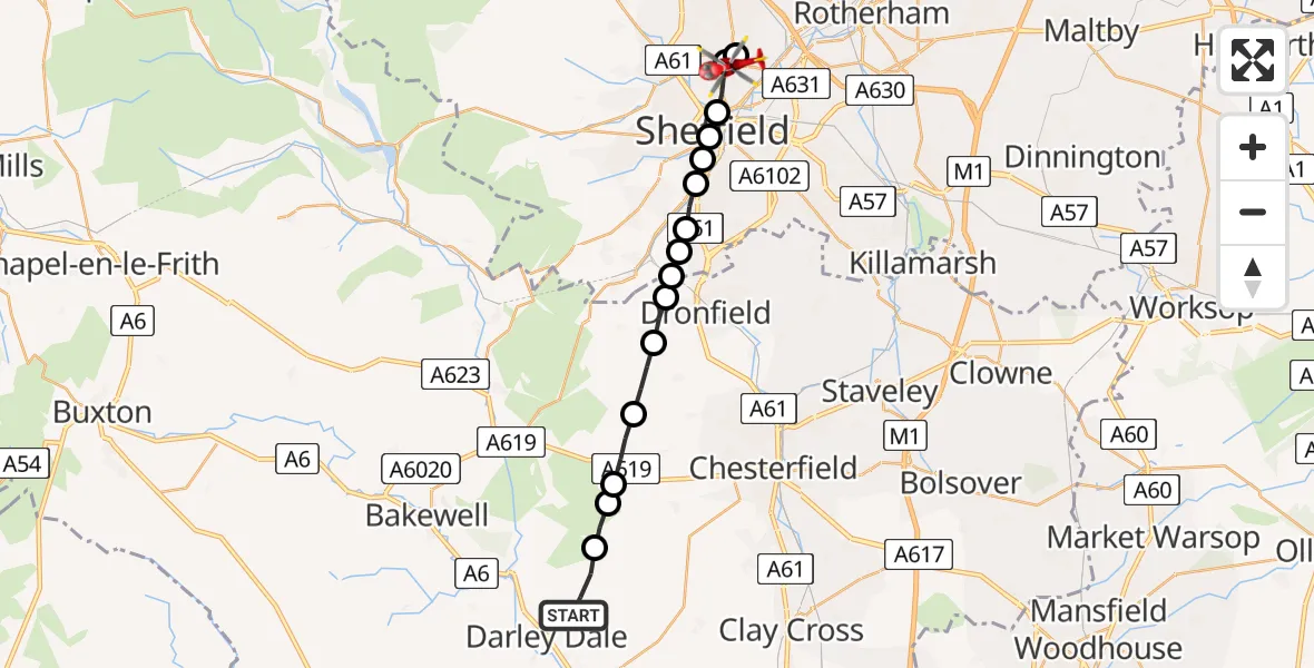 Flight route Air Ambulance Helicopter Darley Dale - Page Hall, 01 August 2026, 15:32