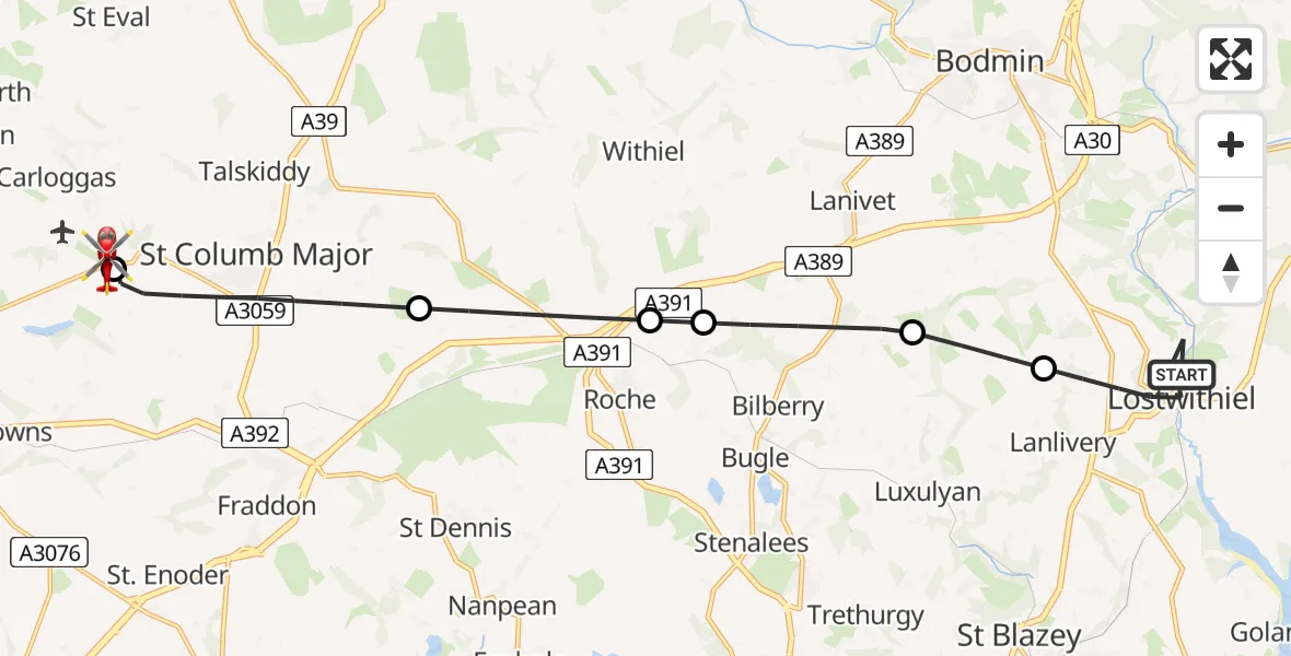 Flight route Air Ambulance Helicopter Lostwithiel - Cornwall Airport Newquay, 01 August 2026, 15:34