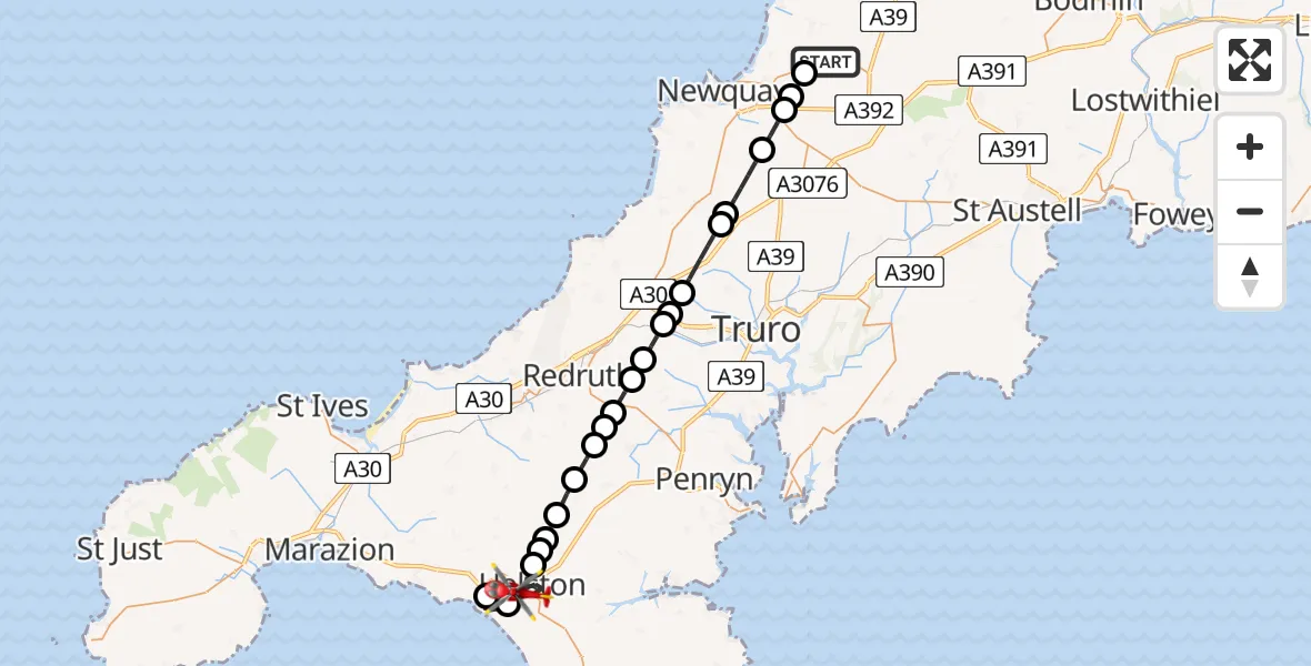 Flight route Air Ambulance Helicopter Cornwall Airport Newquay - Helston, 01 August 2026, 15:48
